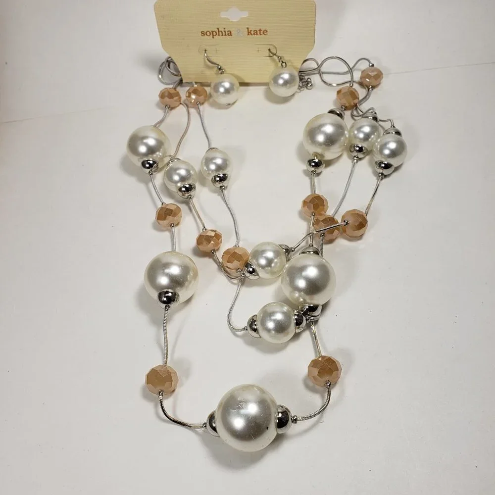 Multi Strand  Silver, Ivory & Cream color Beaded Necklace & Earrings  Jewelry